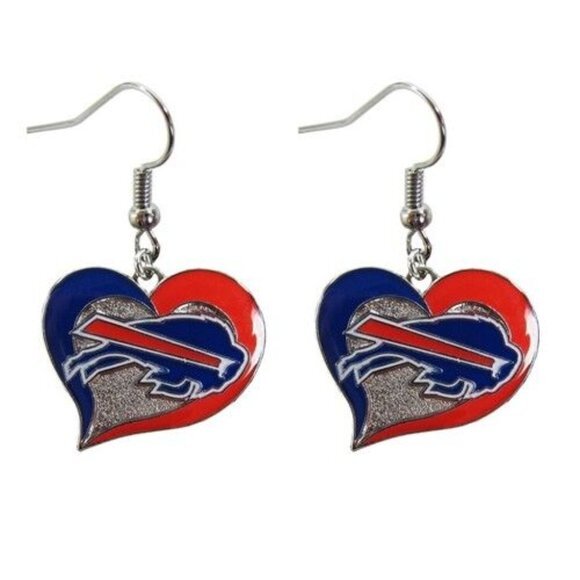 New Buffalo Bills NFL Silver Swirl Heart Dangle Earrings Non-Allergenic - Picture 1 of 1